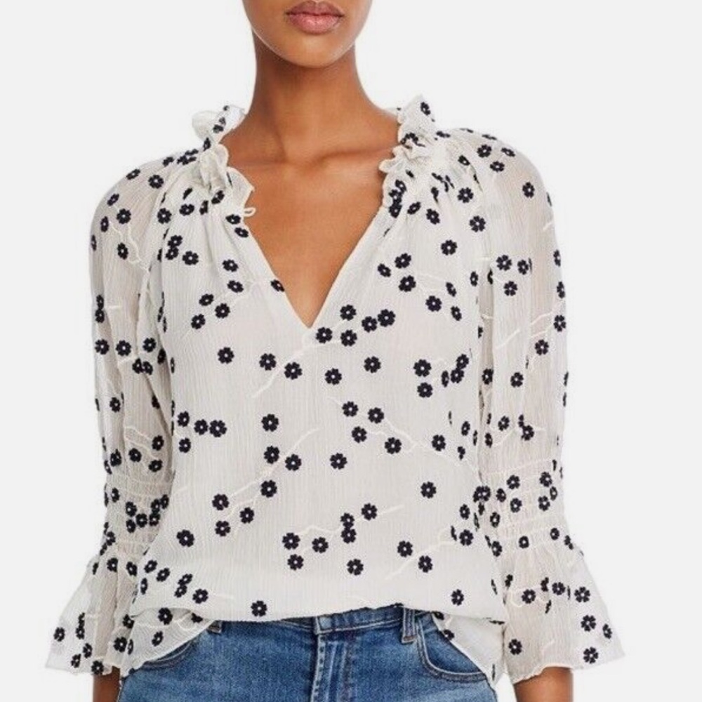 Rebecca Taylor White with Blue Embroidered Floral Print Blouse